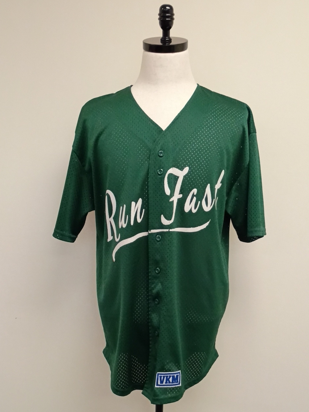 VKM Run Fast Green Baseball Jersey Button Front Shirt Size Large